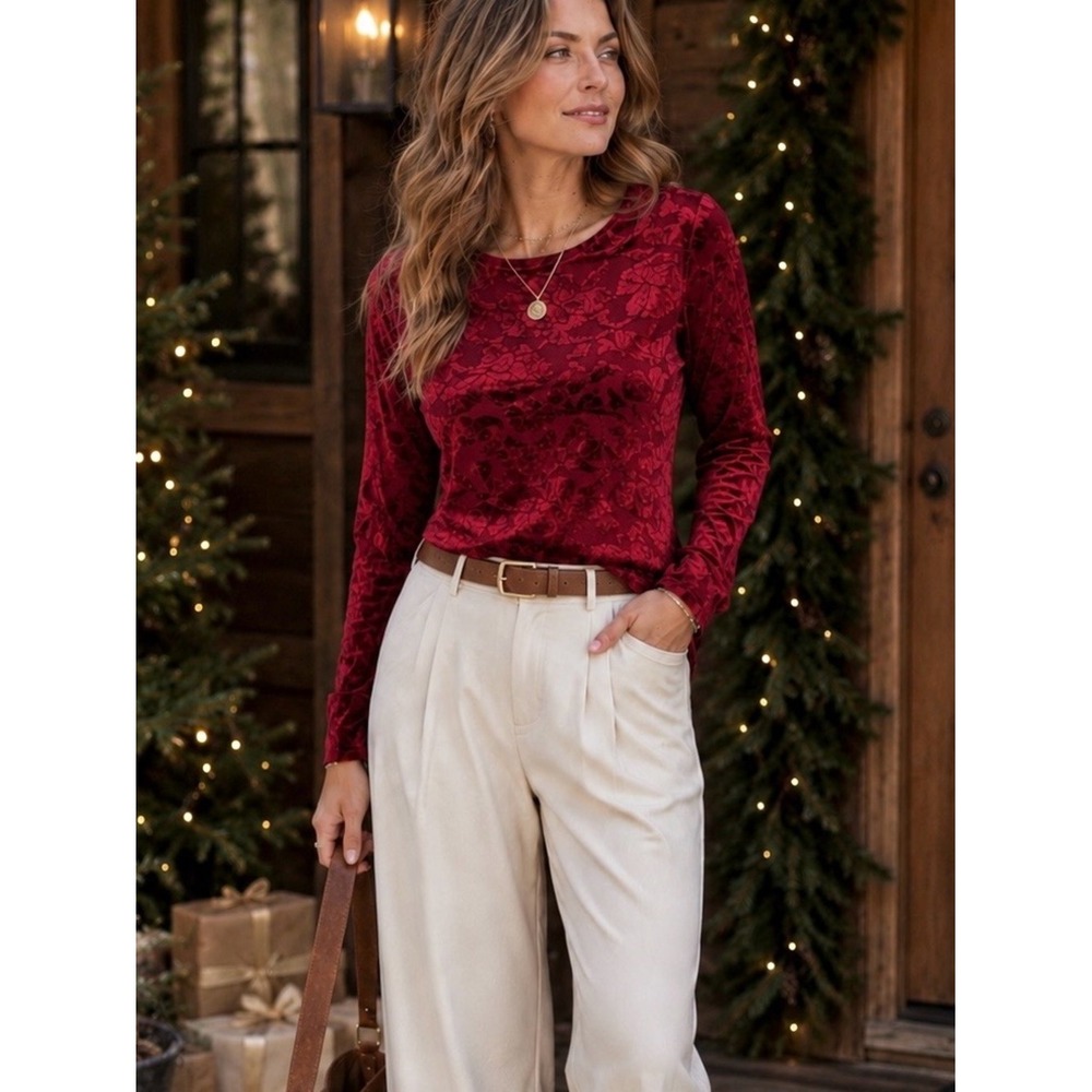 SUNDANCE Velvet Burnout Top L Floral Long Sleeve Boho Holiday Party Festive Red